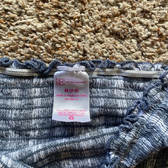 No Boundaries Blue and White Off-Shoulder Jumpsuit - Picture 3 of 6